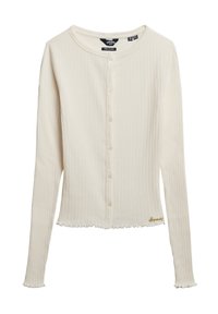 Kremowy kardigan z długim rękawem, prążkowany, z guzikami z przodu i małym złotym logotypem "Superdry" blisko dolnej krawędzi na białym tle.