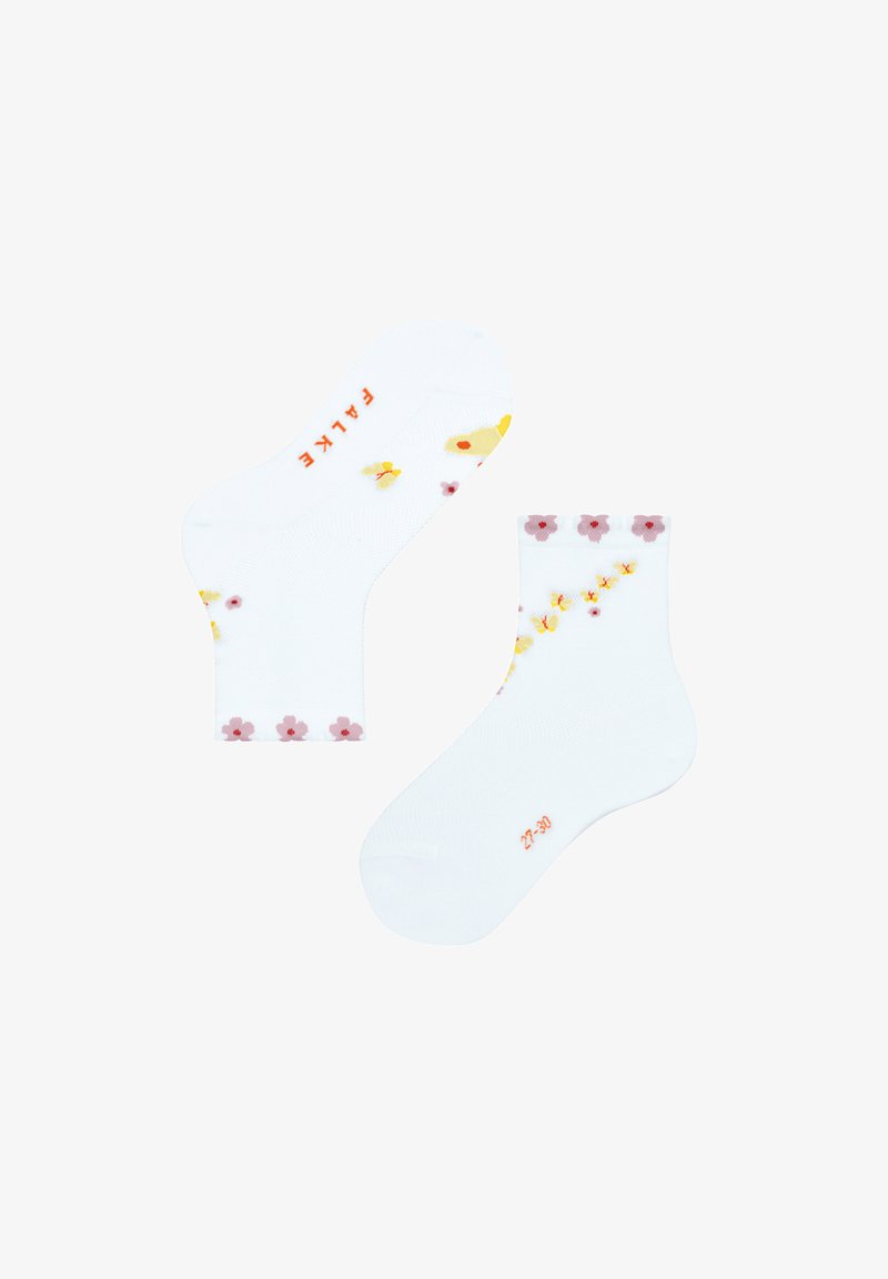 Weiße Knöchelsocken mit einem floralen Muster in Pink und Gelb, mit einem orangefarbenen Markenetikett und der Größe, die auf der Sohle gedruckt ist.