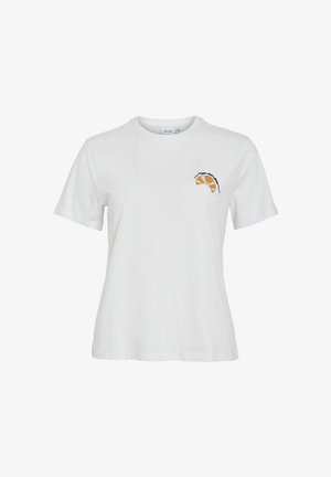 Witte katoenen t-shirt met een ronde halslijn en korte mouwen. Heeft een geborduurd croissantontwerp op de linkerkant van de borst.