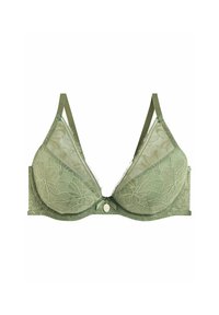 Soutien-gorge en dentelle vert doux avec des motifs floraux, support à armatures, bretelles réglables et une petite accent en métal au centre avant.