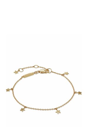 Delikat armbånd i guldkæde med fem små stjernevedhæng jævnt fordelt og lukkes med en karabinlås og en forlængerkæde.