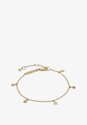 Bracciale a catena sottile in oro con cinque piccoli ciondoli a forma di stella distribuiti uniformemente e chiusura a moschettone con catenina allungabile.