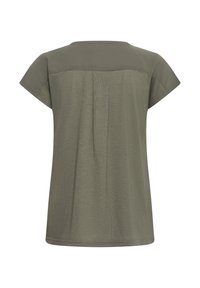 Dames top met korte mouwen in olijfgroen, met een inzetstuk en een centrale plooi aan de achterkant, voorzien van een ronde halslijn.