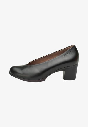 Zapato de tacón alto de cuero negro con punta redondeada y tacón cuadrado. Textura suave y diseño minimalista, que muestra una silueta elegante.