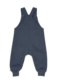 Navy blue cotton overalls with adjustable straps, snap buttons, and cuffed ankles, featuring a relaxed fit and soft texture.