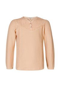 Brzoskwiniowa bluzka z długim rękawem, z marszczonym karczkiem, z zapięciem na guziki i teksturowanym materiałem. Posiada zebrane rękawy i dekoracyjne przeszycia.