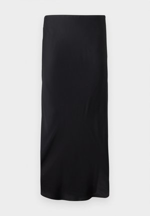 Sort, uten ermer midi skjørt laget av glatt stoff. Har en rett, forlenget form uten mønstre eller detaljer. Enkel og minimalistisk design.