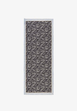 Schwarzer Schal mit Blumenmuster und hellblauem Rand, mit zarten weißen Blumen und einem filigranen Design über die gesamte Fläche verteilt. Leichter Stoff.