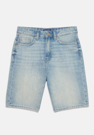 Svetlomodré rifľové šortky s predným zapínaním na gombík a zips, pútkami na opasok a dizajnom s piatimi vreckami, s mierne vyblednutou textúrou.