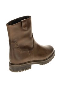 Bruine leren enkelboot met een ronde neus, subtiele stiksels en een lage, gestructureerde rubberen zool; bevat een aantrekstrip aan de achterkant.