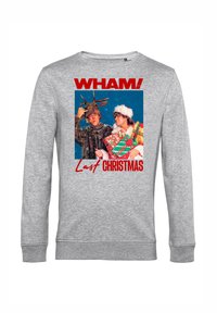 Felpa grigia con scollo rotondo con stampa grafica di due persone con decorazioni natalizie, circondate dalla neve. Un testo rosso audace recita "WHAM! Last Christmas."