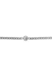 Bracciale in argento con un gemma trasparente centrale, con una finitura liscia e un design a maglie intricati. Accessorio semplice ed elegante.