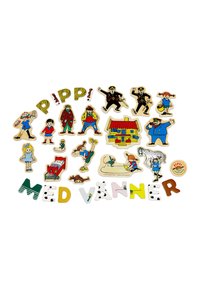 Pezzi di puzzle in legno con personaggi giocosi e una casa, con design colorati in varie forme, accompagnati da lettere che formano la scritta "MED VÄNNER."
