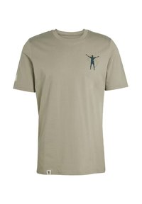 Olive green cotton t-shirt with short sleeves, featuring a silhouette design on the chest and a small logo label at the hem.