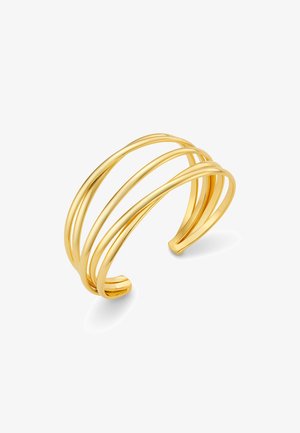 Pulsera de muñeca en tono dorado que presenta cuatro hilos metálicos lisos y curvados con un acabado pulido y extremos abiertos para facilitar su uso.