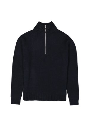 Suéter de punto de color navy oscuro con un cuello alto, cremallera de medio largo en la parte delantera, textura acanalada y mangas largas.