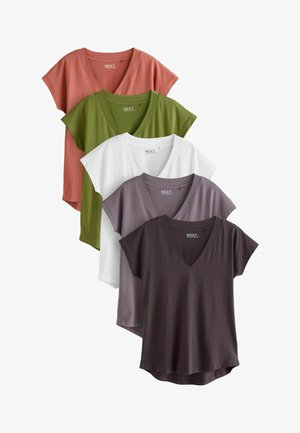 Five V-neck t-shirts in coral, olive, white, lavender, and dark grey. Made of soft fabric with short sleeves and a slightly curved hem.