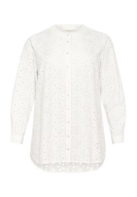 Blusa blanca de manga larga con intrincados patrones florales en corte, cierre frontal con botones y cuello redondo. Tejido suave y transpirable.