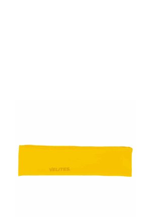 Cinta para la cabeza de tela de color amarillo brillante con el logo sutil "VELITES" impreso en el centro sobre un fondo blanco.