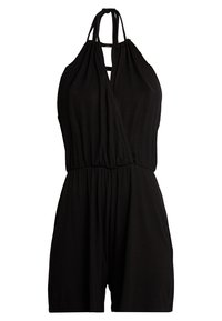 Svart ärmlös romper med halterneck, draperad midja och draperad tyg. Har en öppen rygg och avslappnade shorts.
