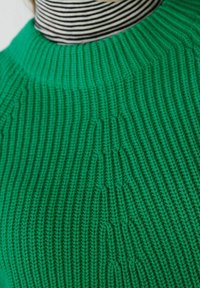 Pull en maille verte avec un col montant. Présente une texture côtelée et des motifs subtils. Porté par-dessus un col roulé rayé noir et blanc.