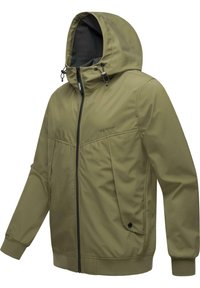 Olijfgroene hooded jacket met ritsafsluiting, elastische manchetten en voorkleppen. Soepele stof met een matte afwerking en zonder zichtbare patronen.