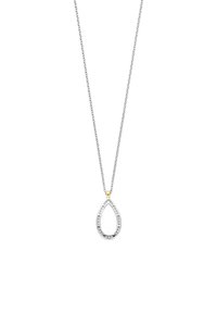 Silberne Anhänger-Halskette mit Tropfenform, die eine goldene Akzentuierung und eingearbeitete klare Steine aufweist. Die Kette hat ein filigranes Gliederdesign.