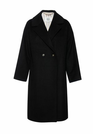 Manteau en laine noir à double boutonnage, avec de grands revers et des manches trois-quarts. L'intérieur est doublé d'une stripe.