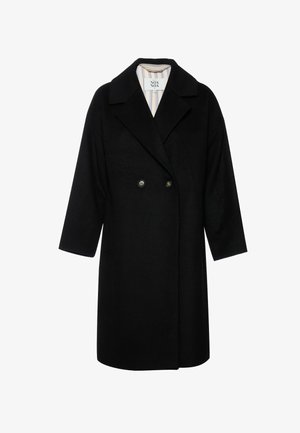 Palton negru din lână cu un front cu două rânduri de nasturi, rever mari și mâneci până la jumătatea brațului. Interiorul are o căptușeală dungată.