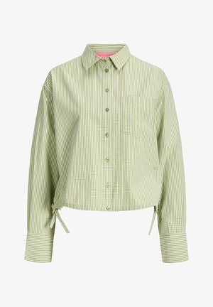 Chemise à manches longues à carreaux vichy vert clair et blanc, avec col, poche poitrine et liens latéraux réglables à l'ourlet.