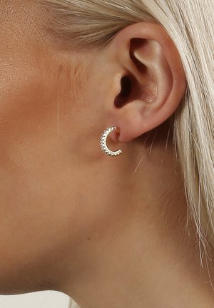 Örhängen i guldton i form av en halvmåne med en texturerad yta och små rhinstenar längs kanten, bärs i en models öra.