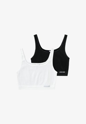 Zwei verkürzte Oberteile aus Baumwolle in Schwarz und Weiß. Beide haben breite Träger, einen runden Ausschnitt und ein kleines Logotag am Saum.