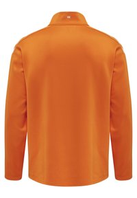 Langarm polo shirt in levendig oranje, gemaakt van glad polyester materiaal. Het heeft een kraag en een logo op de achterkant, met een schone, eenvoudige uitstraling.
