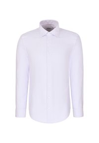 Chemise blanche à manches longues boutonnée, col pointu et poignets standards, présentée sur un fond uni.