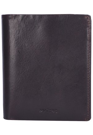 Dunkelbraune Lederbörse mit glatter Textur, rechteckiger Form und geprägtem "MAÎTRE"-Logo auf der Vorderseite. Einfaches, minimalistisches Design.