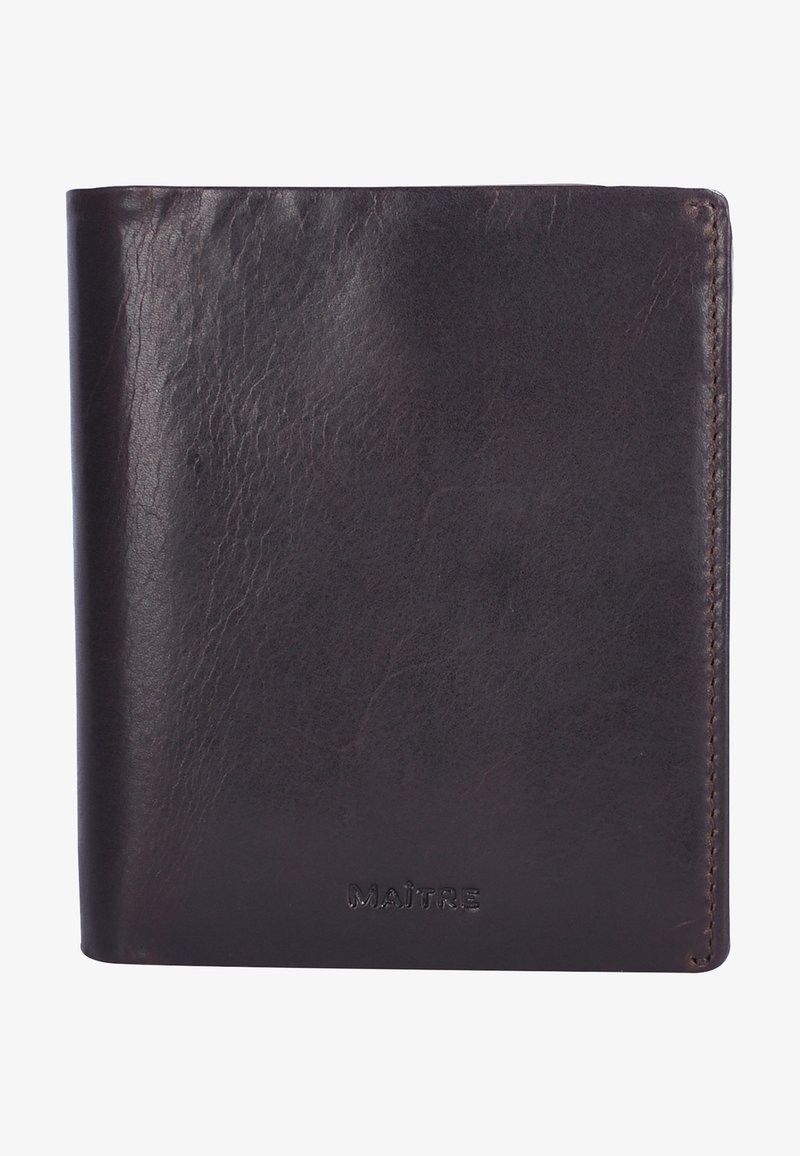 Dark brown leather wallet with a smooth texture, rectangular shape, and embossed "MAÎTRE" logo on the front. Simple, minimal design.