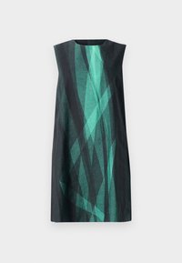 Bezramenné čierne šaty s teal geometrickým vzorom, okrúhlym výstrihom a rovný strih. Vyrobené z hladkej látky s jemným leskom.