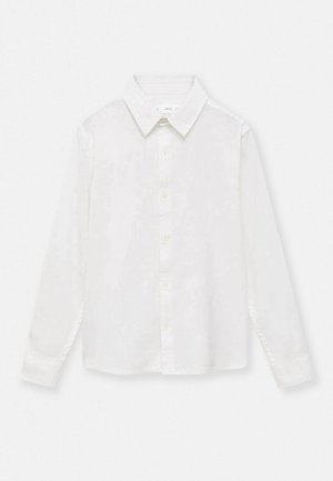 Hvid skjorte med spredt krave, lange ærmer og et blødt, struktureret stof. Har en frontplacket og knapmanchetter.