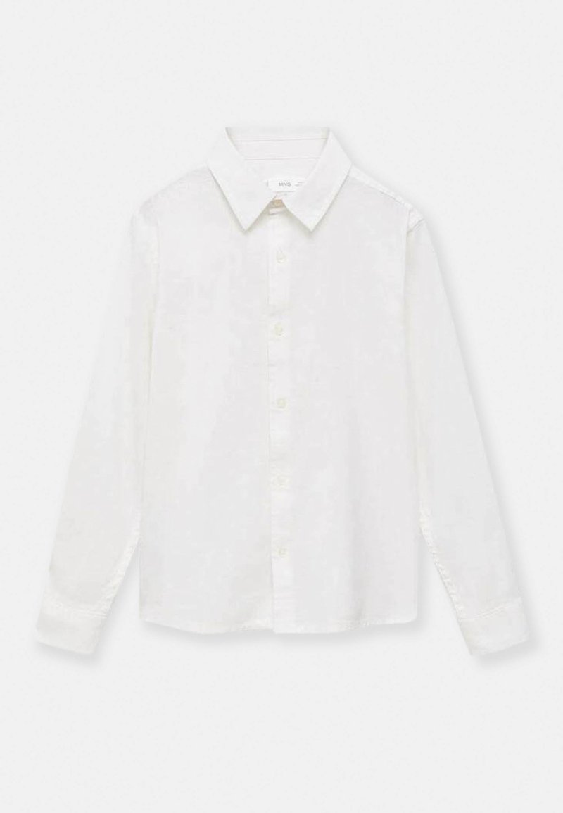 Bela srajca z gumbom in širokim ovratnikom, dolgimi rokavi in mehkimi, teksturiranimi materiali. Ima sprednji del s zapenjanjem in gumbnimi manšetami.