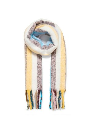 Sciarpa multicolore in morbido tessuto con strisce orizzontali marroni, gialle, bianche e blu. Rifinita con bordi frangiati.