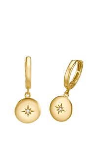 Orecchini a cerchio in oro con un pendente circolare caratterizzato da un design a stella e un accento centrale in diamante. Texture liscia e lucida.