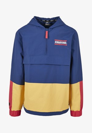 Hoodie-Jacke in marineblau mit gelben und roten Einsätzen. Verfügt über einen Reißverschluss vorne, ein Logo auf der Brust und elastische Bündchen. Leichtes Material.