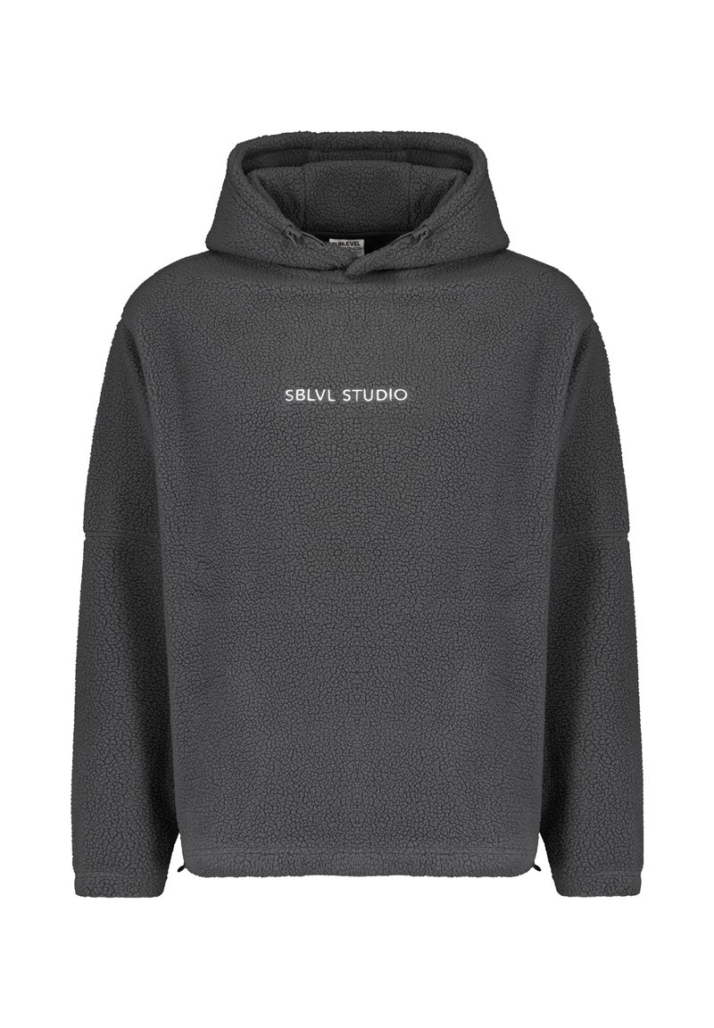 Gray fleece hoodie with a textured surface, featuring a kangaroo pocket and the text "SBLVL STUDIO" in white on the front.