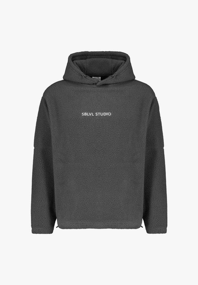 Gray fleece hoodie with a textured surface, featuring a kangaroo pocket and the text "SBLVL STUDIO" in white on the front.