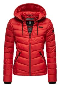 Red padded jacket with a hood, featuring zippered pockets, black accents, and a quilted design. Made from smooth, lightweight material.