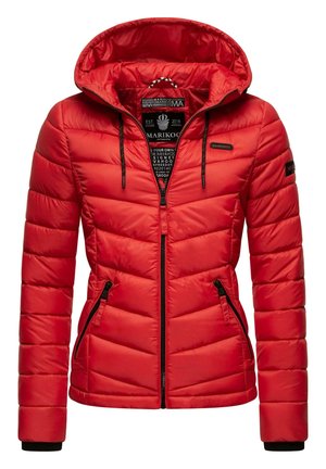 Red padded jacket with a hood, featuring zippered pockets, black accents, and a quilted design. Made from smooth, lightweight material.