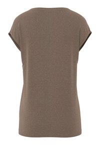 Ruskea lyhythihainen paita, valmistettu pehmeästä kankaasta, jossa on hienovaraiset teksturoidut raidat ja pyöreä pääntie. Malli on rento eikä siinä ole näkyviä koristuksia.