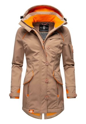 Beige insulated jacket with orange accents, featuring a hood, multiple pockets, buttons, and a smooth texture. Interior fleece lining is visible.