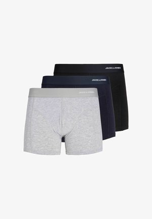 Trois boxers pour hommes en gris, bleu marine et noir, chacun avec une ceinture élastique de marque portant la mention "JACK & JONES."