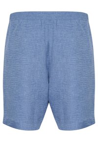 Light blue button-up shorts made from a textured fabric. Features an elastic waistband and straight cut with hemmed edges.